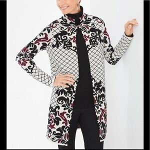 - Chico’s Cream Black Burgundy Scroll Print Cardigan Sweater